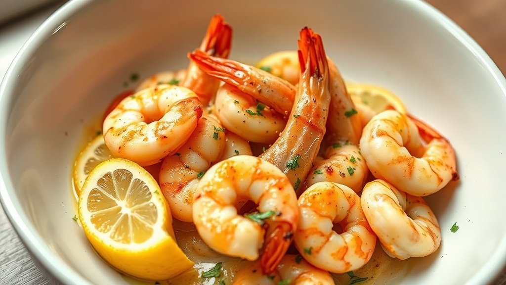 Close-up of baked shrimp scampi with lemon and garlic ready to serve