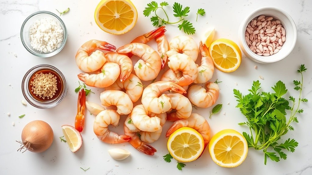 Ingredients for baked shrimp scampi with lemon and garlic arranged before cooking