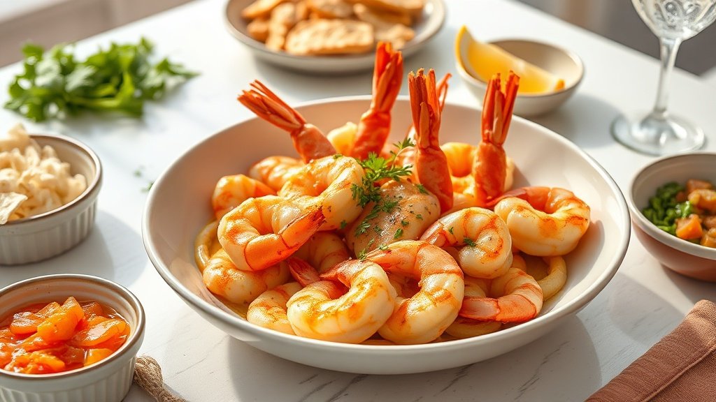 baked shrimp scampi with lemon and garlic served with complementary sides