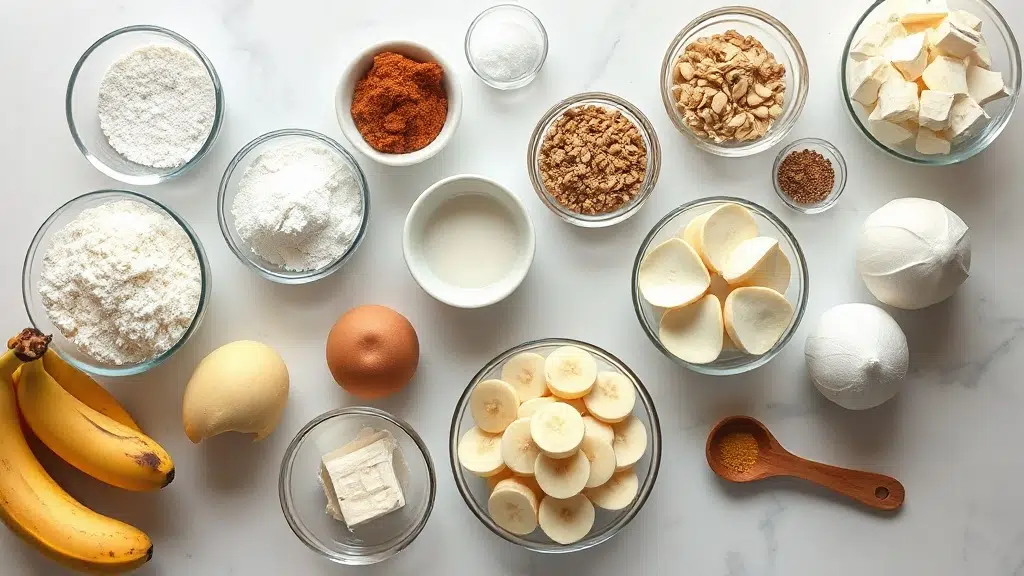 Ingredients for banana pudding arranged before cooking