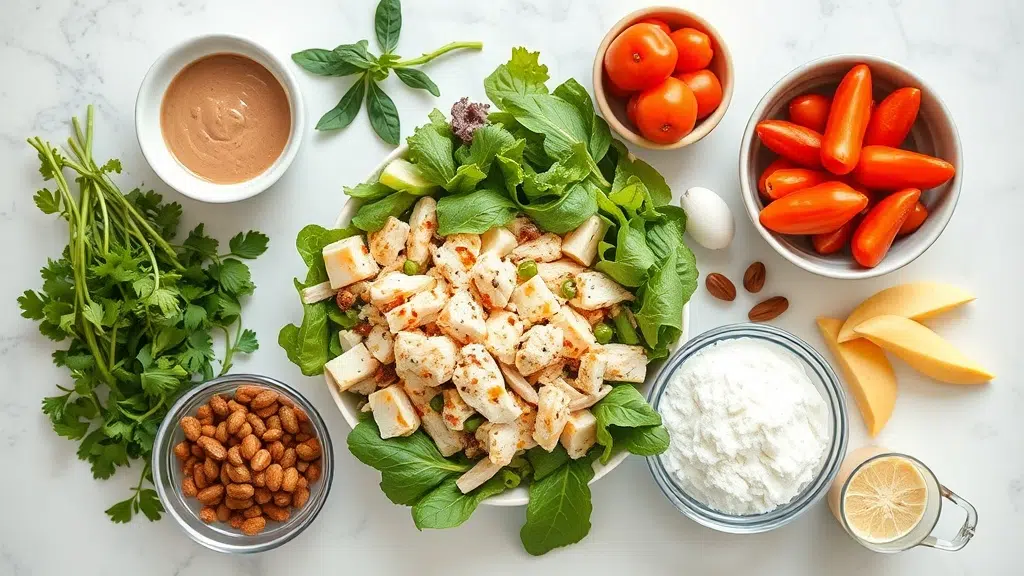 Ingredients for barbecue ranch chicken Cobb salad arranged before cooking
