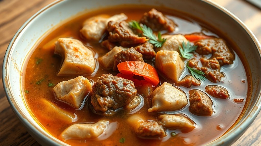 Close-up of beef and chicken soup ready to serve
