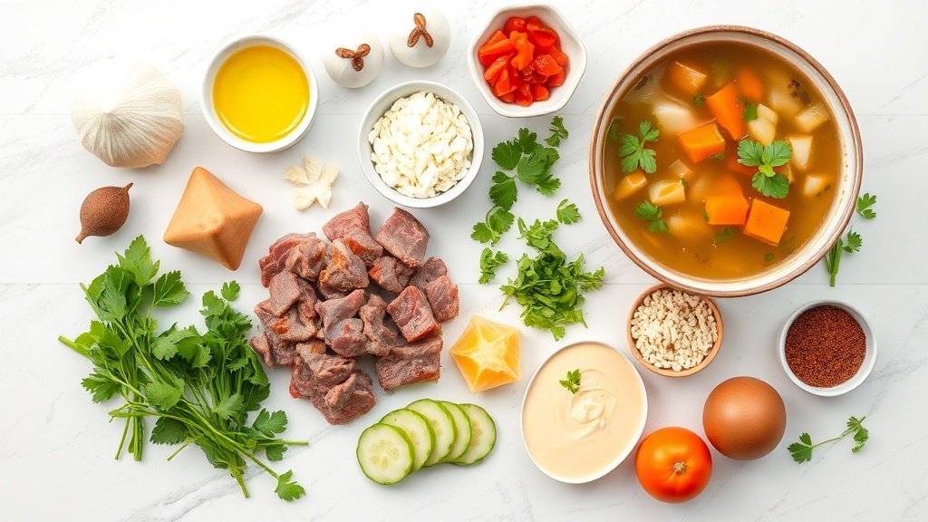 Ingredients for beef and chicken soup arranged before cooking