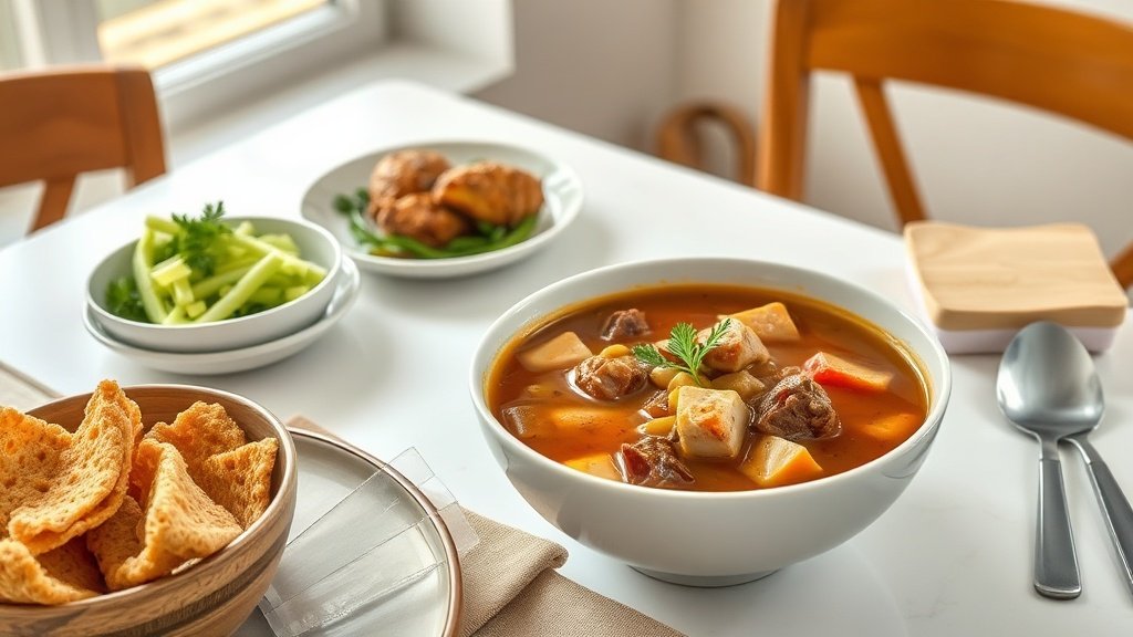 beef and chicken soup served with complementary sides