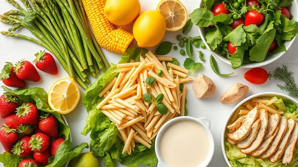Best 4 Salad Recipes for Fresh and Delicious Side Dishes 3 Fresh salad ingredients including strawberries, corn, asparagus, pasta, romaine, chicken, lemons, and herbs