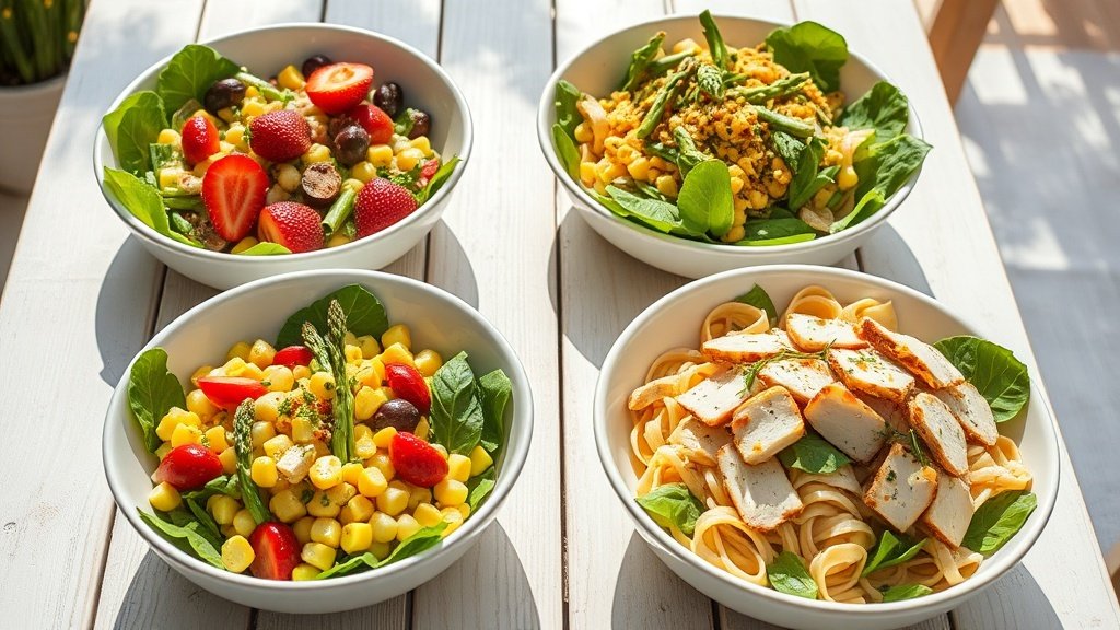 Best 4 Salad Recipes for Fresh and Delicious Side Dishes 2 Four fresh salad recipes served in bowls on a bright summer table