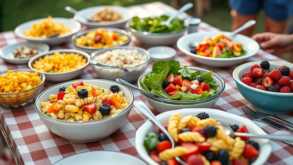 Best 4 Salad Recipes for Fresh and Delicious Side Dishes 4 Summer potluck table with colorful salad side dishes ready to serve