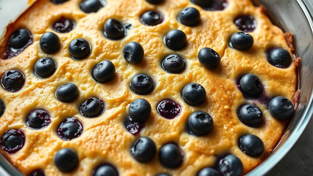 Close-up of blueberry buttermilk pancake casserole ready to serve