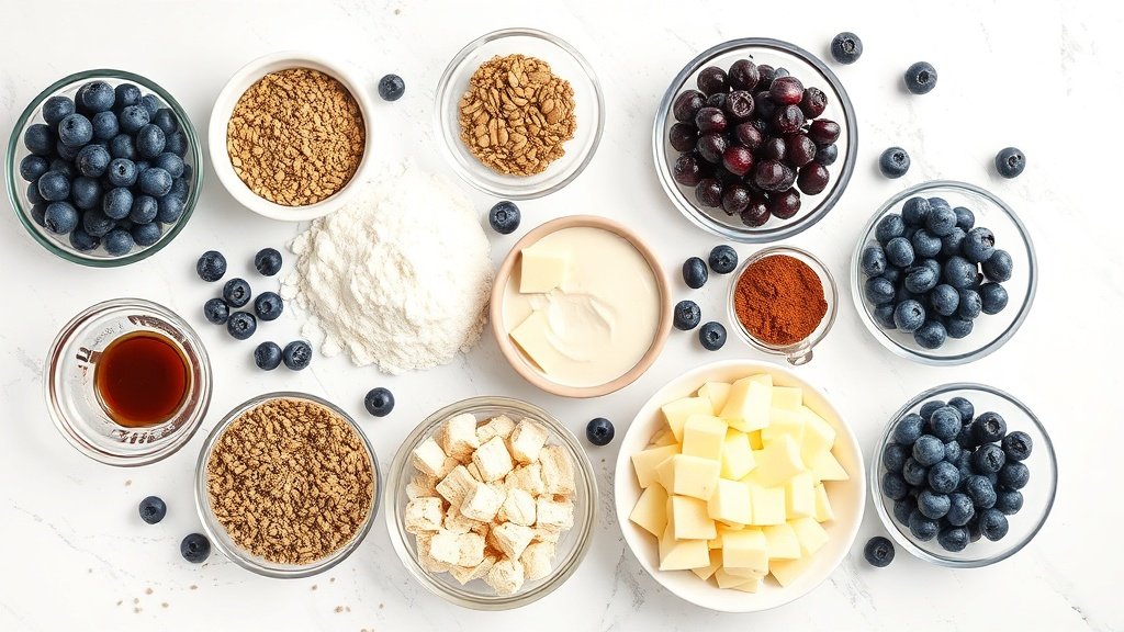 Ingredients for blueberry buttermilk pancake casserole arranged before cooking