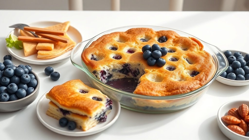 blueberry buttermilk pancake casserole served with complementary sides