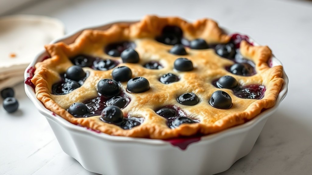 Close-up of blueberry skillet pie ready to serve