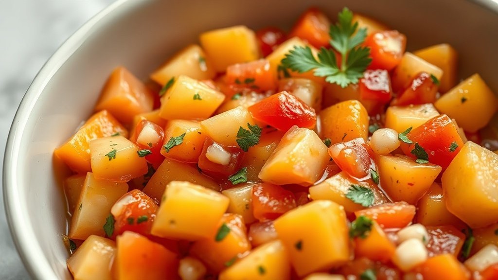 Close-up of peach salsa ready to serve