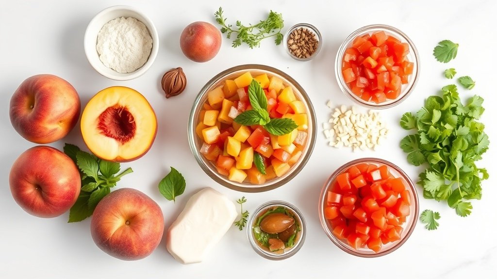 Ingredients for peach salsa arranged before cooking