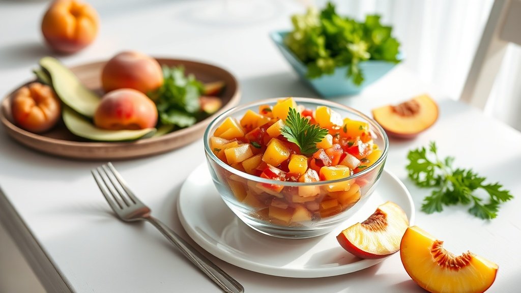 peach salsa served with complementary sides