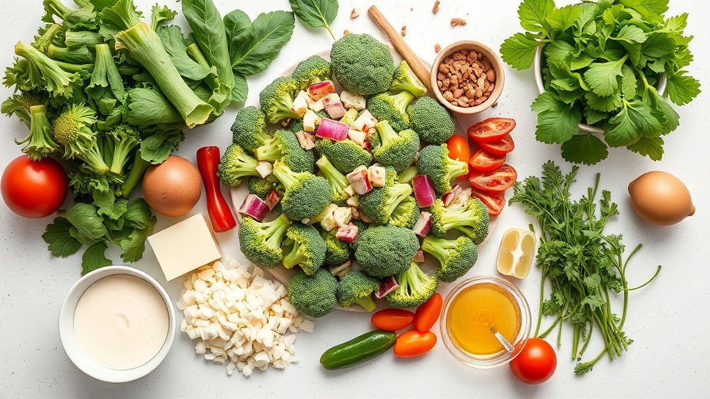 Ingredients for broccoli salad arranged before cooking