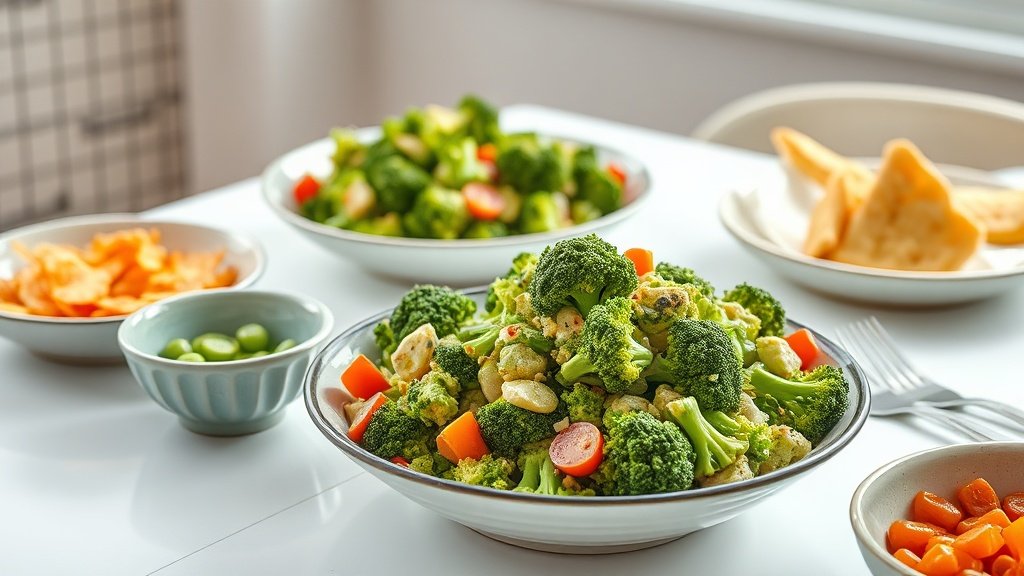 broccoli salad served on a bright table with simple sides