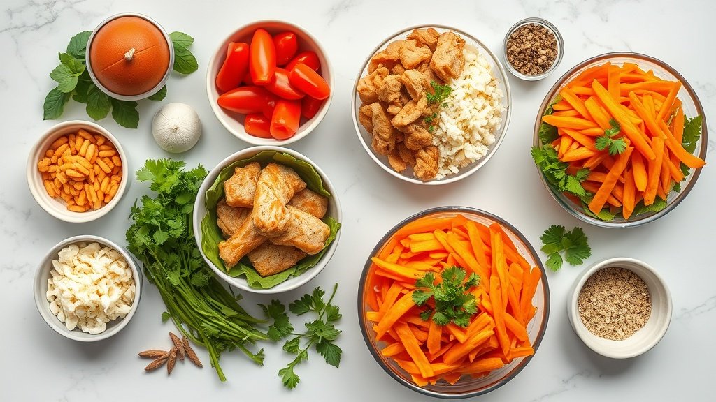 Ingredients for Buffalo chicken bowls arranged before cooking