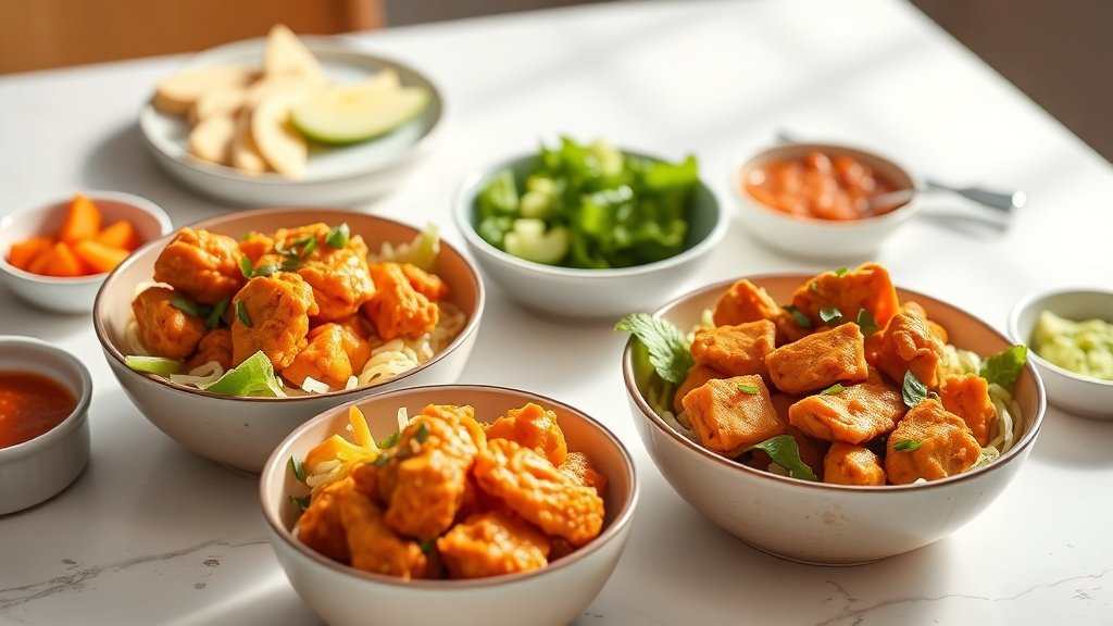 Buffalo chicken bowls served with complementary sides