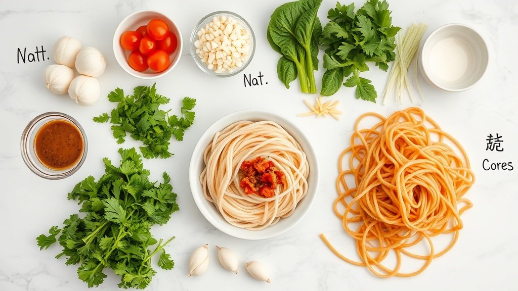 Ingredients for cantonese fried noodles arranged before cooking