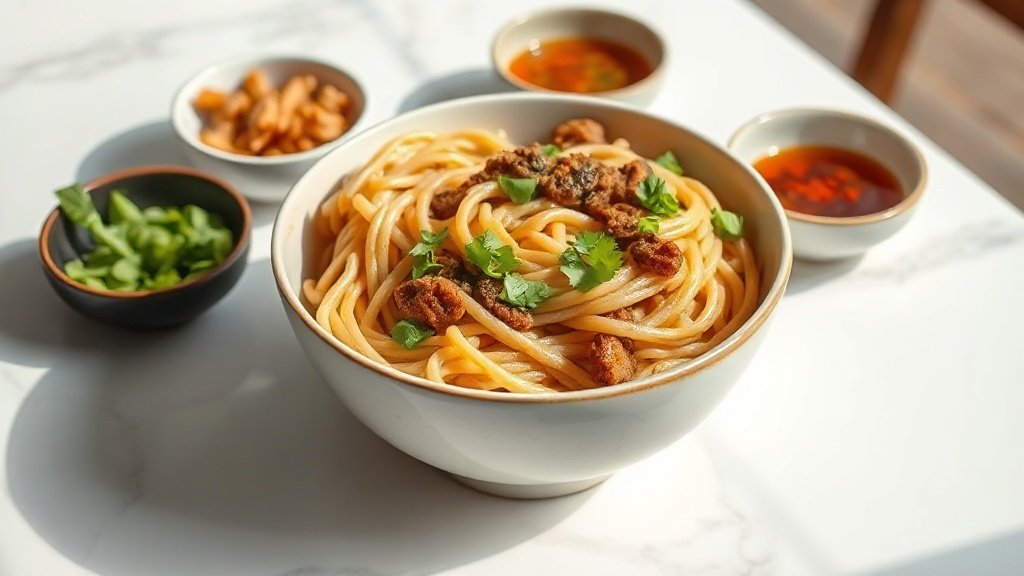 cantonese fried noodles served with complementary sides