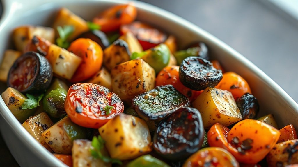 Close-up of charred vegetable medley ready to serve