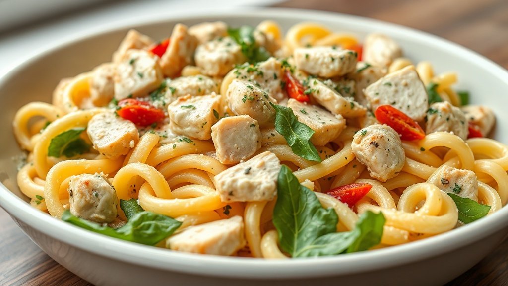 Close-up of chicken Caesar pasta salad ready to serve