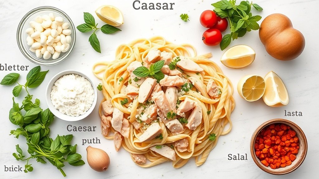 Ingredients for chicken Caesar pasta salad arranged before cooking