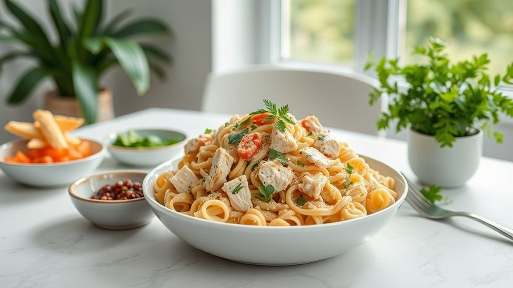 chicken Caesar pasta salad served with complementary sides