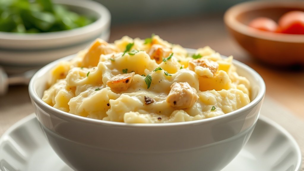 Close-up of chicken mashed potato bowl ready to serve