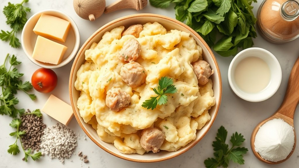 Ingredients for chicken mashed potato bowl arranged before cooking