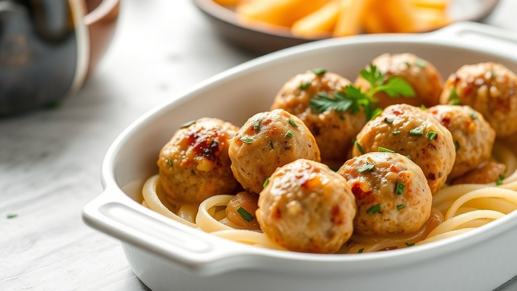 Close-up of chicken meatballs ready to serve