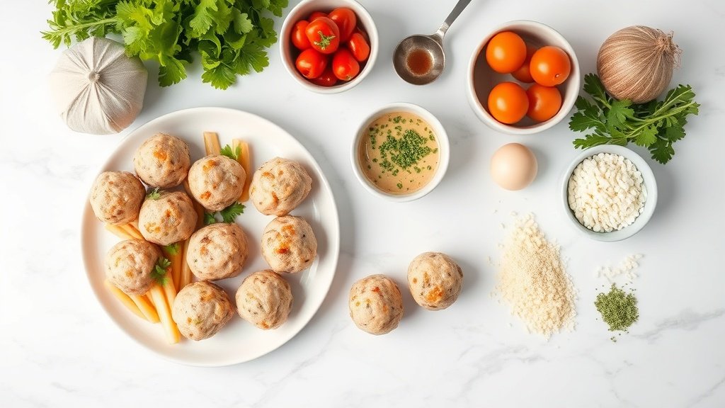 Ingredients for chicken meatballs arranged before cooking