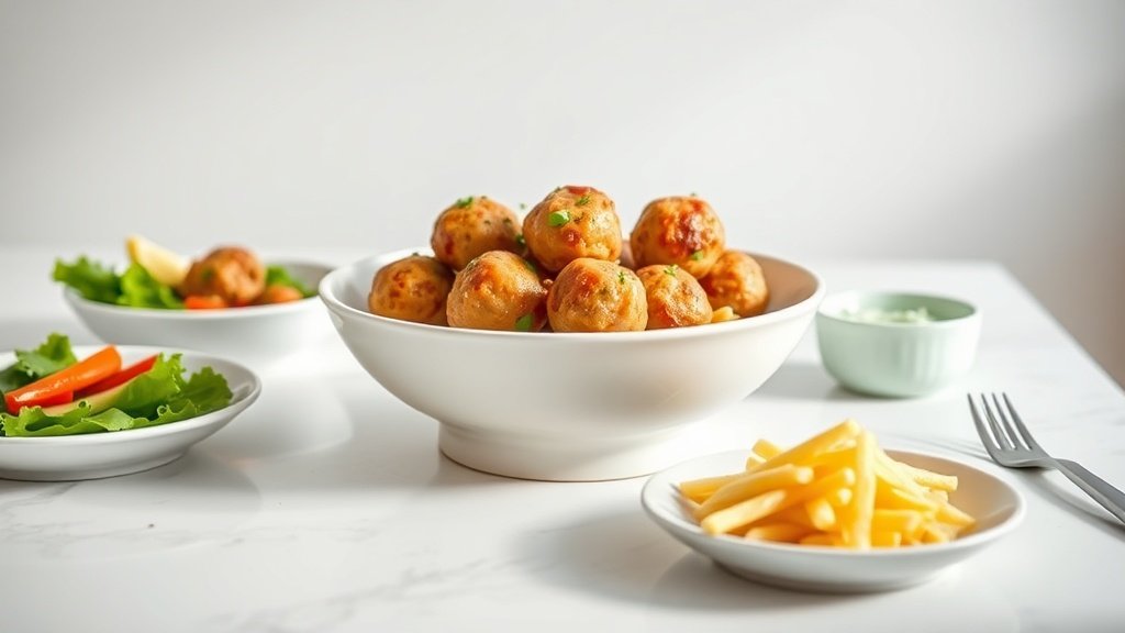 chicken meatballs served with complementary sides