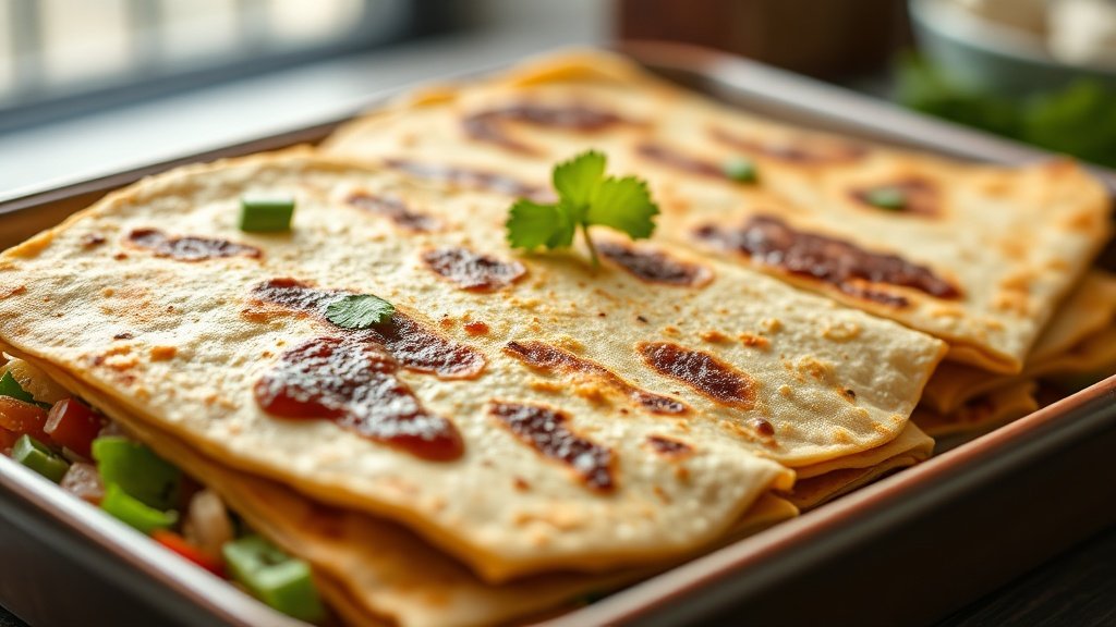 Close-up of chicken quesadilla ready to serve
