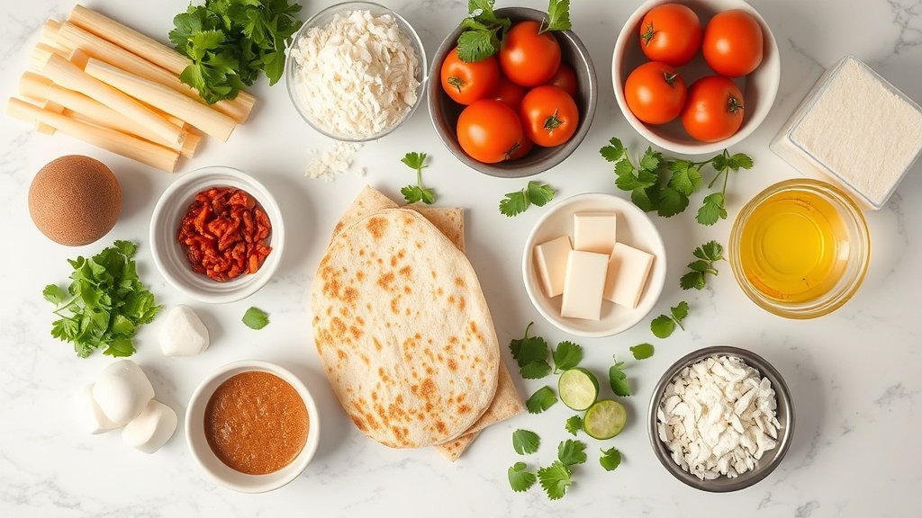 Ingredients for chicken quesadilla arranged before cooking