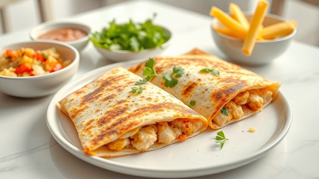 chicken quesadilla served with complementary sides