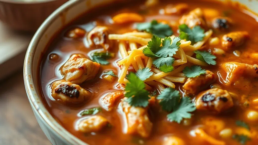 Close-up of amazing chicken taco soup ready to serve