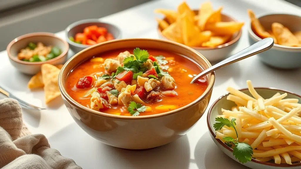 amazing chicken taco soup served with complementary sides