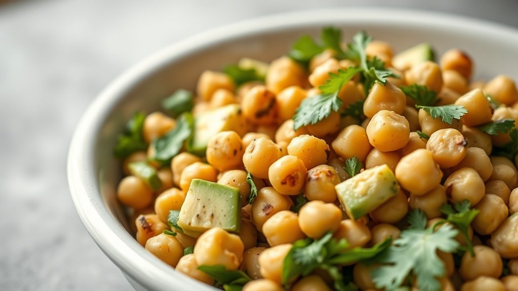Close-up of chickpea avocado salad ready to serve