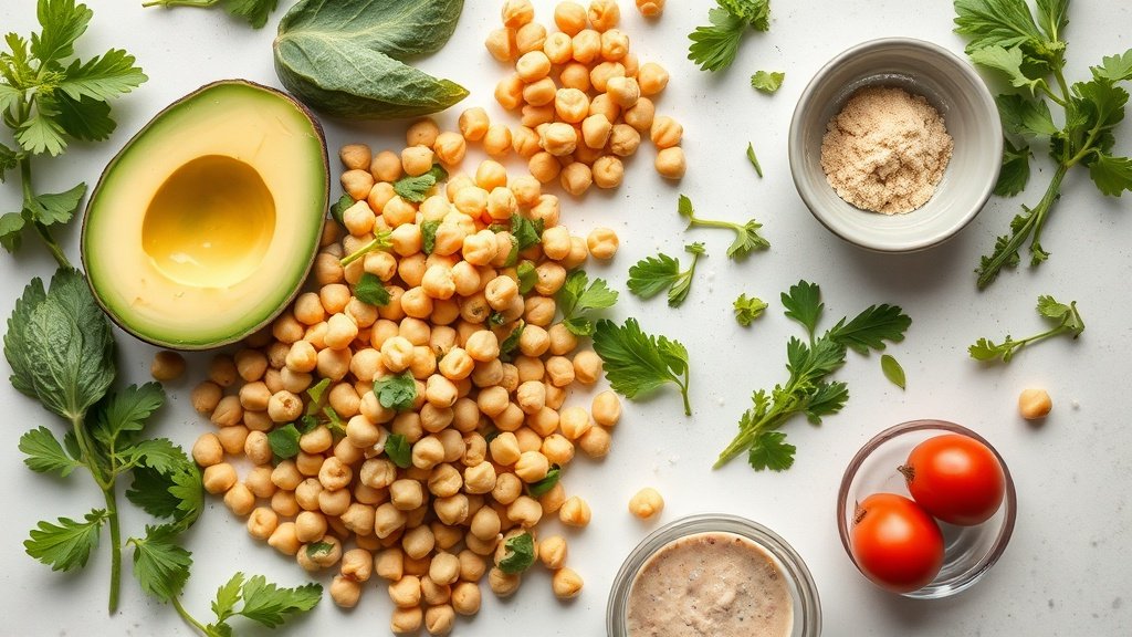 Ingredients for chickpea avocado salad arranged before cooking