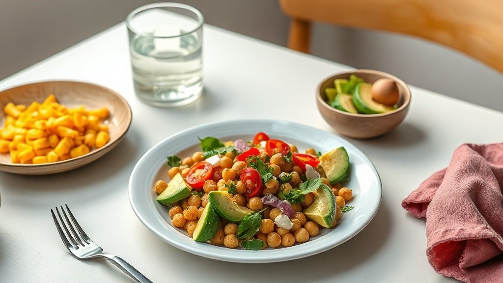 chickpea avocado salad served with complementary sides