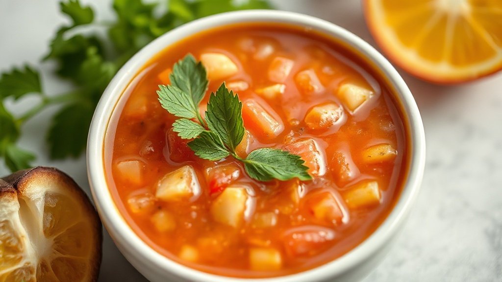 Close-up of chilled gazpacho ready to serve