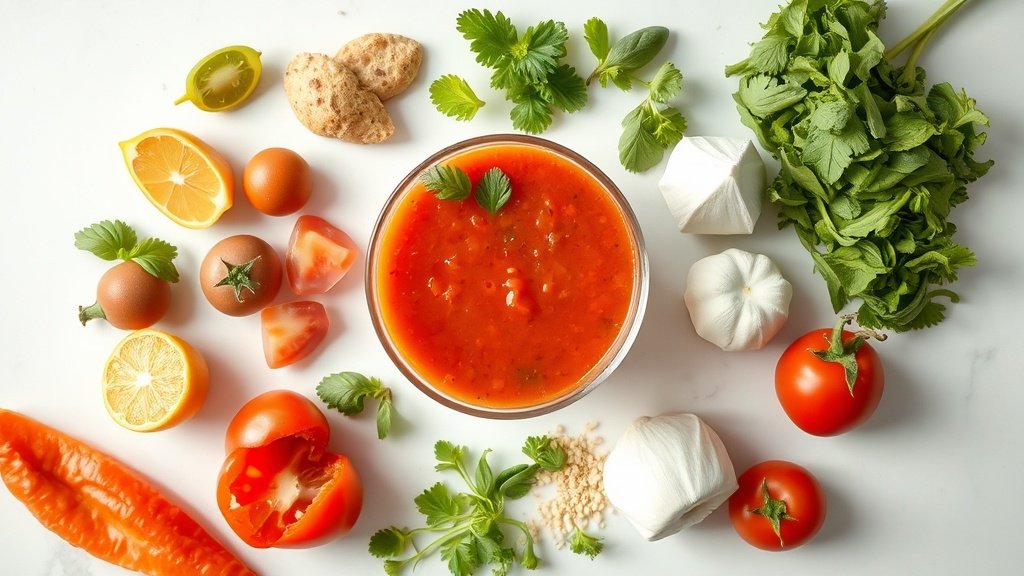 Ingredients for chilled gazpacho arranged before cooking