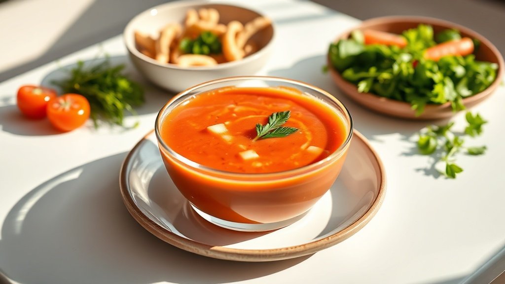 chilled gazpacho served with complementary sides