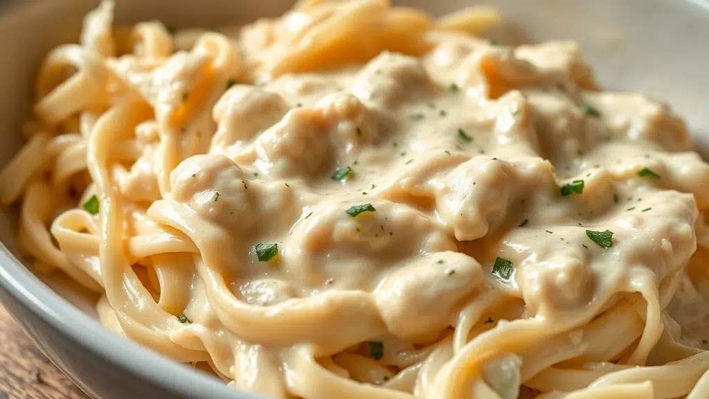 Close-up of creamy alfredo with cabbage ready to serve