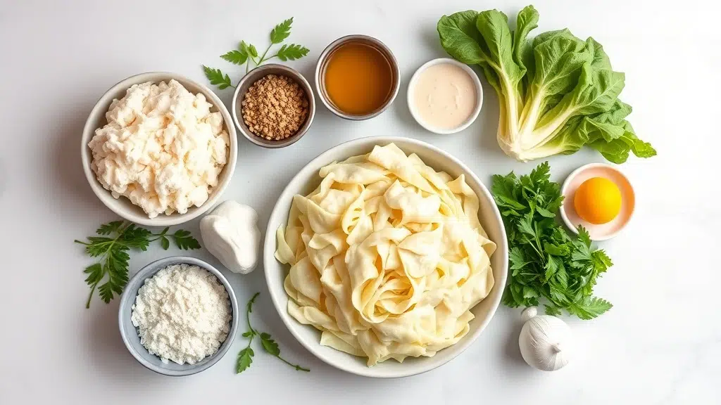 Ingredients for creamy alfredo with cabbage arranged before cooking