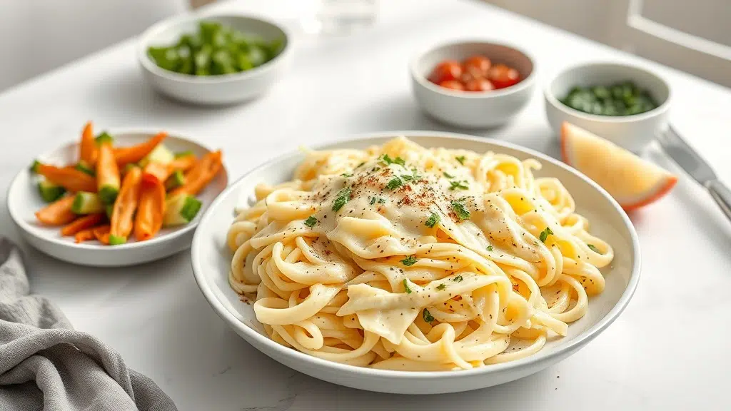 creamy alfredo with cabbage served with complementary sides
