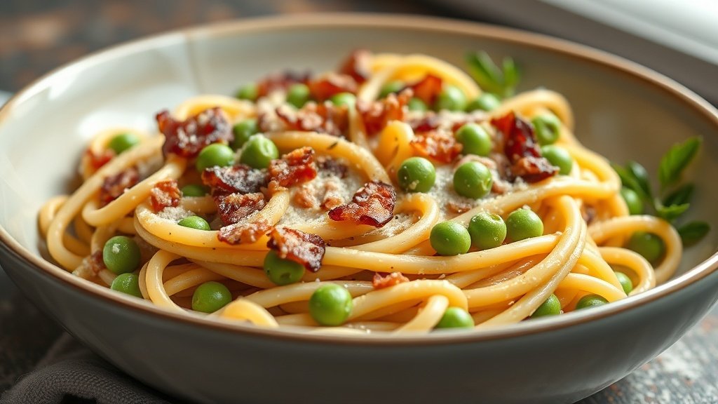 Creamy Bacon and Pea Pasta 2 Close-up of creamy bacon and pea pasta ready to serve