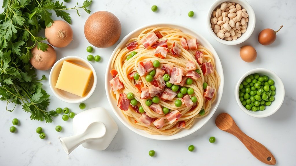 Creamy Bacon and Pea Pasta 3 Ingredients for creamy bacon and pea pasta arranged before cooking