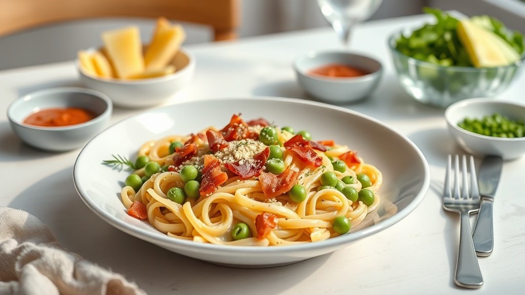 Creamy Bacon and Pea Pasta 4 creamy bacon and pea pasta served with complementary sides